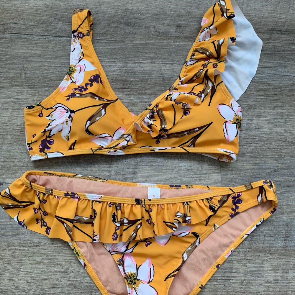 Floral, ruffled bathing suit.